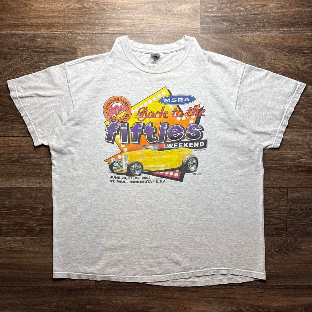 Grey Vintage 2003 MSRA Back to the Fifties Weekend Tee with Yellow Hot Rod